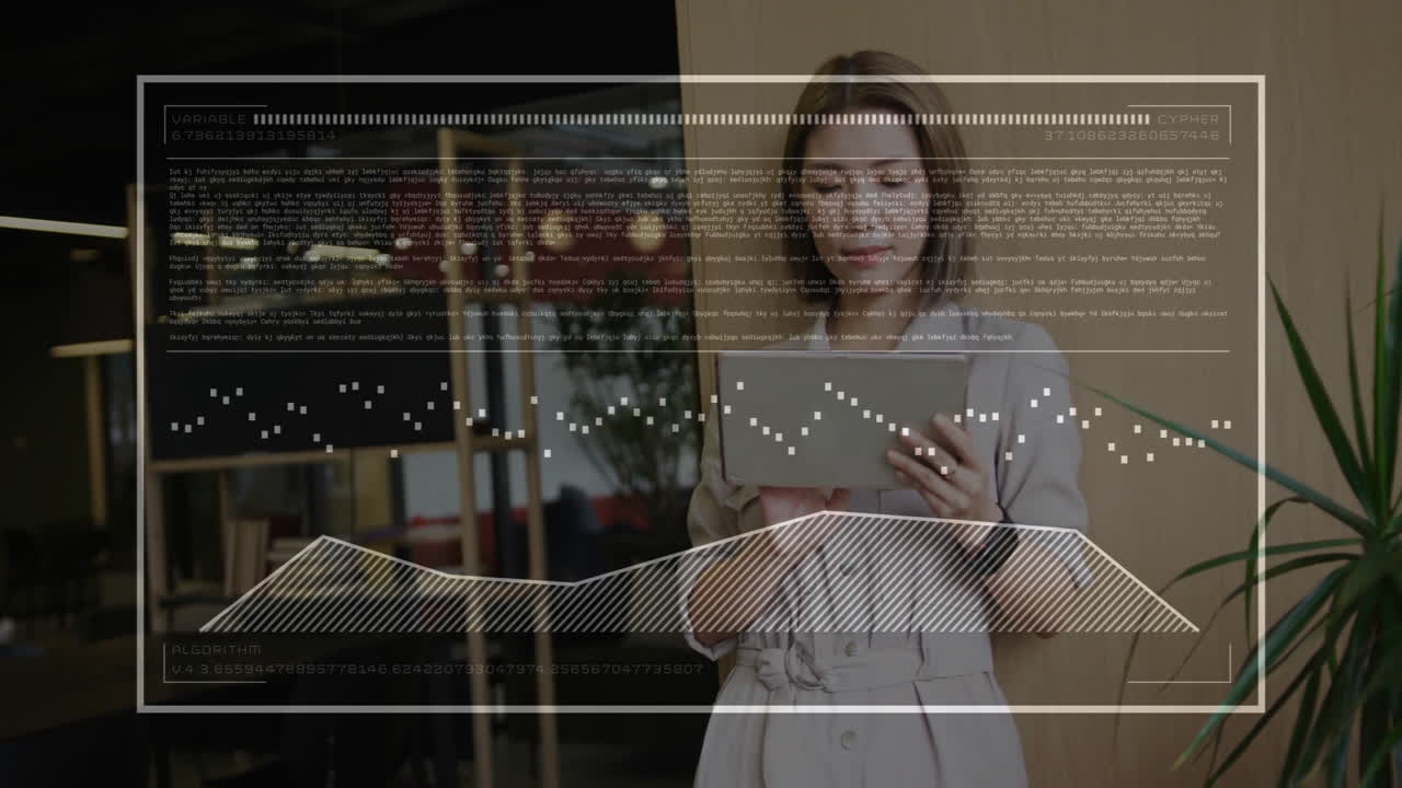 Businesswoman using tablet with data processing animation overlay in modern office