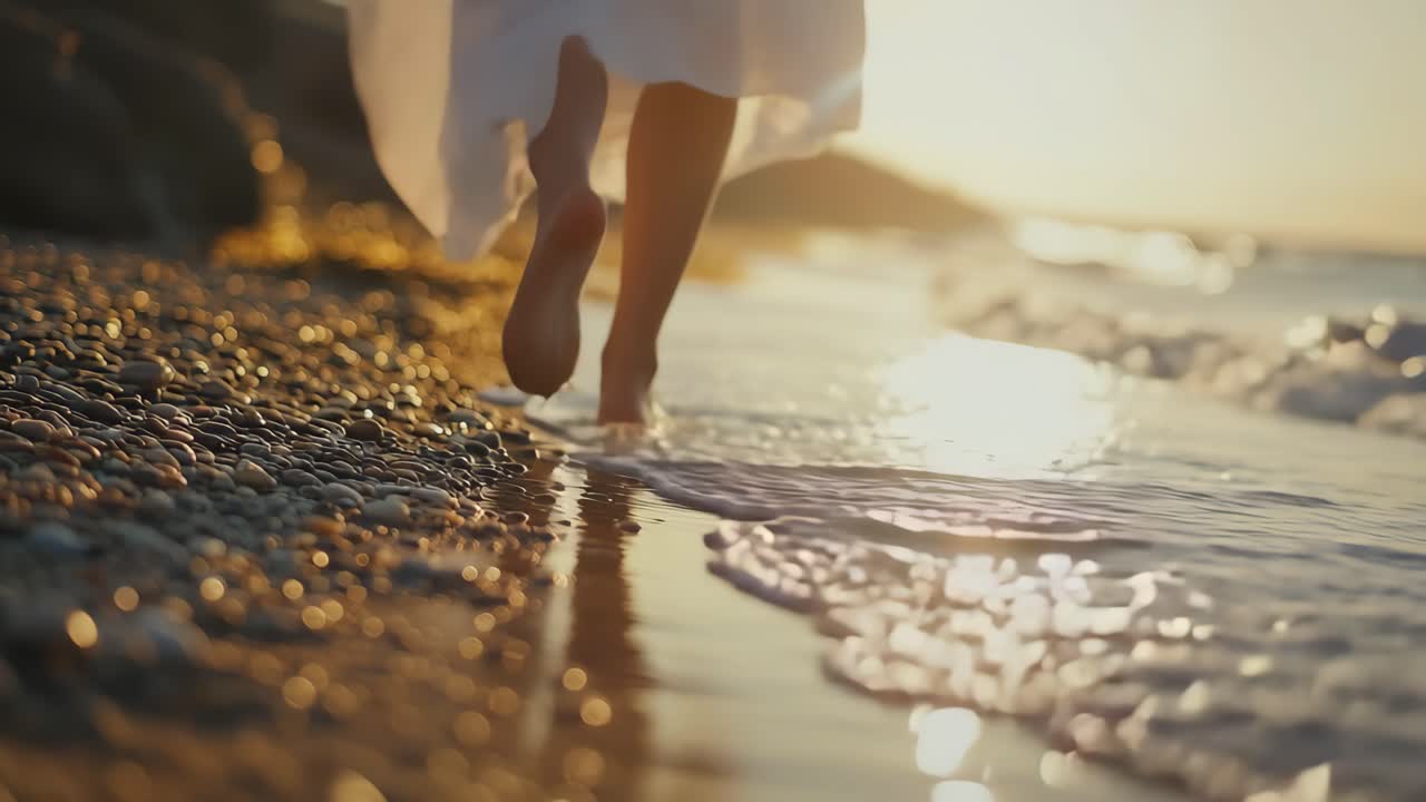 Low-angle video shot of bare feet walking along a pebbled beach at sunset, capturing serene movement