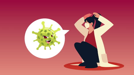 female doctor wearing medical mask stressed with covid19 particle in speech bubble