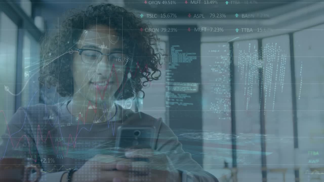 Animation of financial data processing over men using smartphone