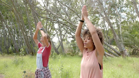 young caucasian woman and young biracial woman practice yoga outdoors