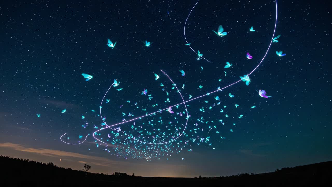 A mesmerizing display of fluttering light trails and ethereal butterflies dancing across a starlit sky, creating a stunning visual harmony of nature and art in motion