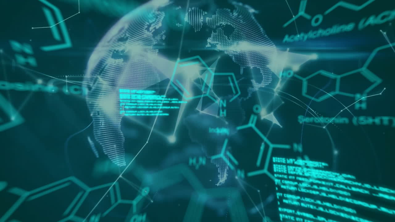 Animation of globe and chemical formula over data processing