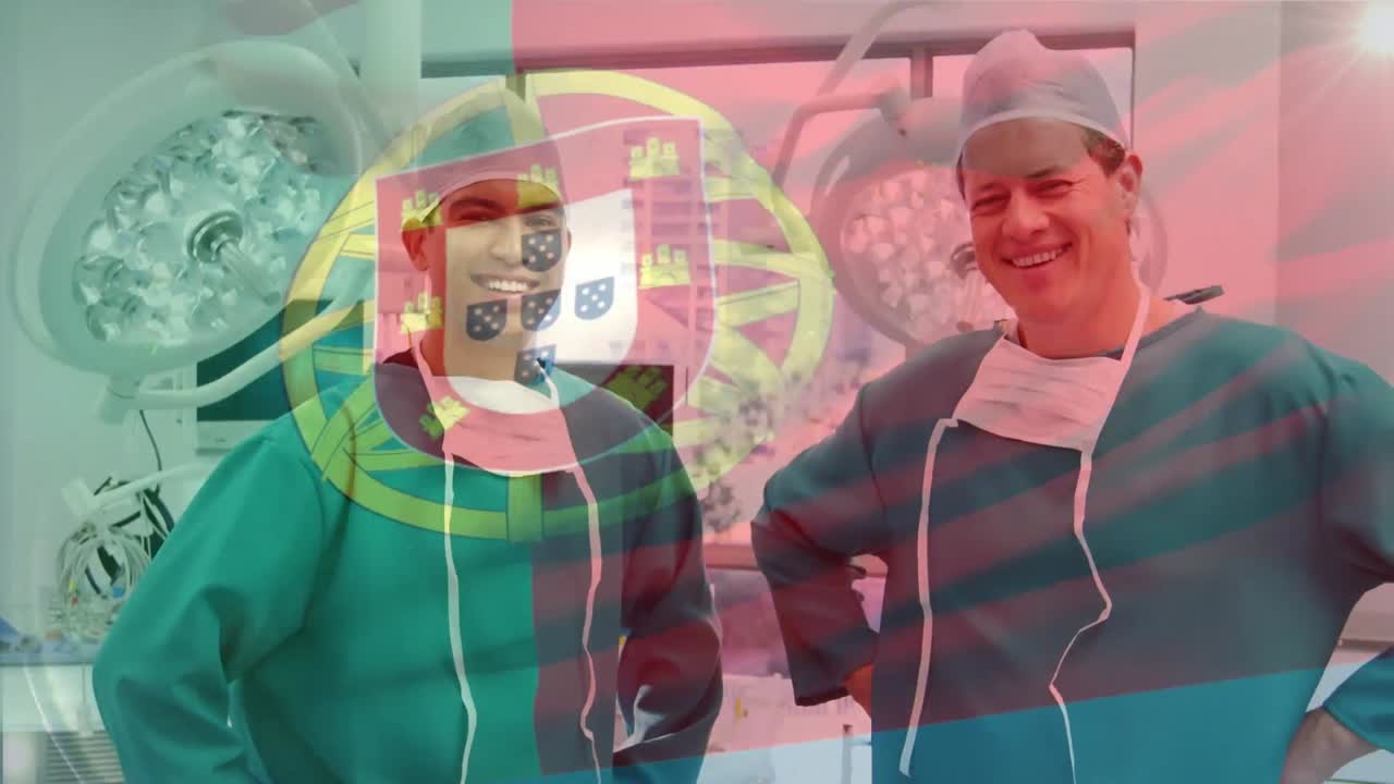 수술실에서 외과의사 위에 포르투갈  ⁇ 발이 흔들리는 애니메이션