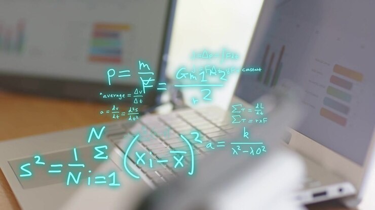 Right hand typing and reaching, starting teal equations sweeping keys to bar charts, analyzing data