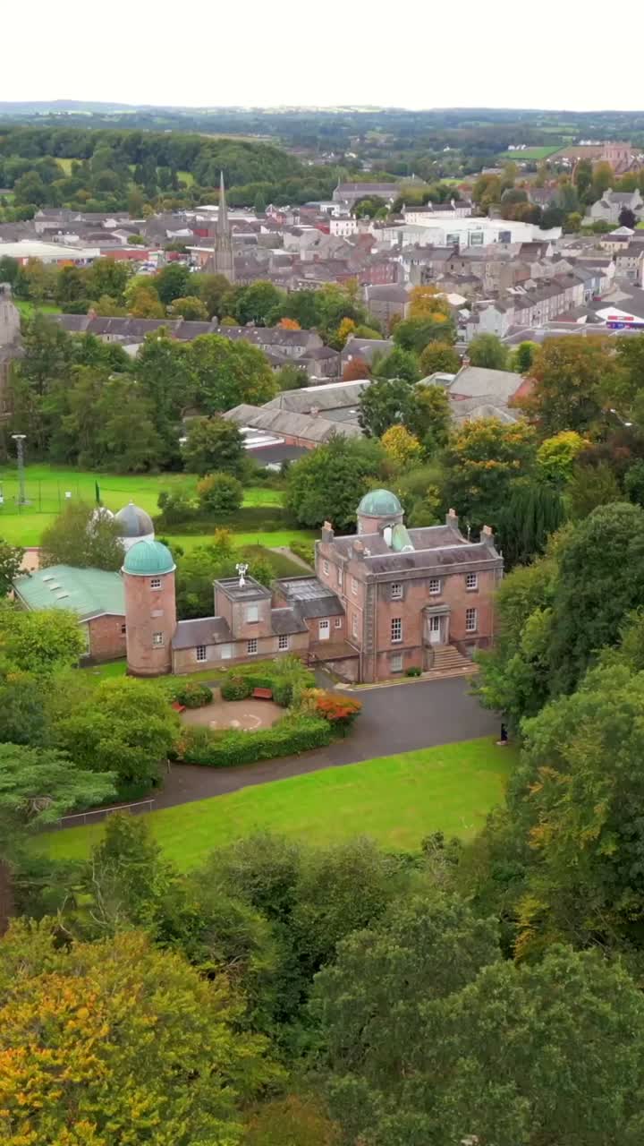 Passing overhead social ratio 60FPS aerial of the grounds at Armagh Planetarium in County Armagh, Northern Ireland. Produced in 1080x1920 with broadcast ready Rec709 color