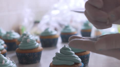 close up slow motion of woman's hands decorating cupcakes with snow flakes icing, 120fps