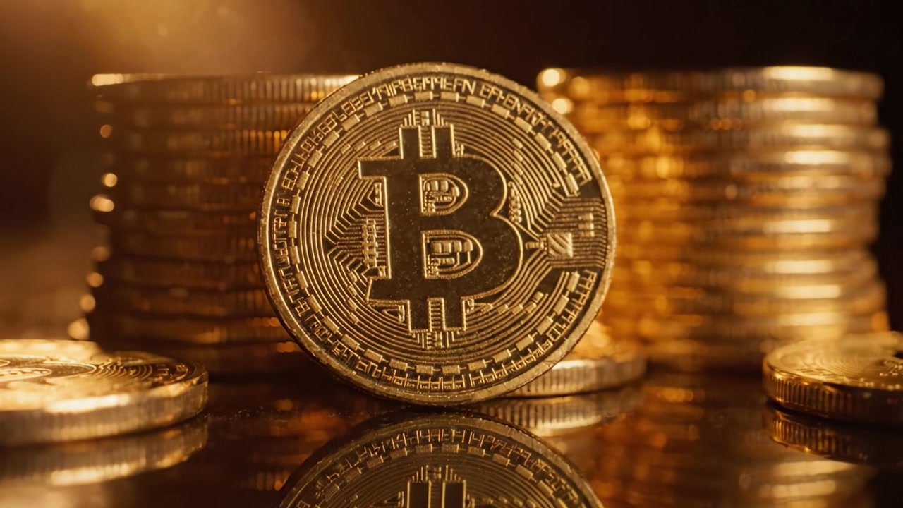 Uno splendido primo piano di monete Bitcoin dorate catturate in una luce lussuosa, che riflettono ricchezza e innovazione digitale nel mercato delle criptovalute.