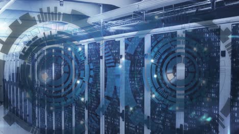 animation of loading circles over binary codes on data server racks in server room