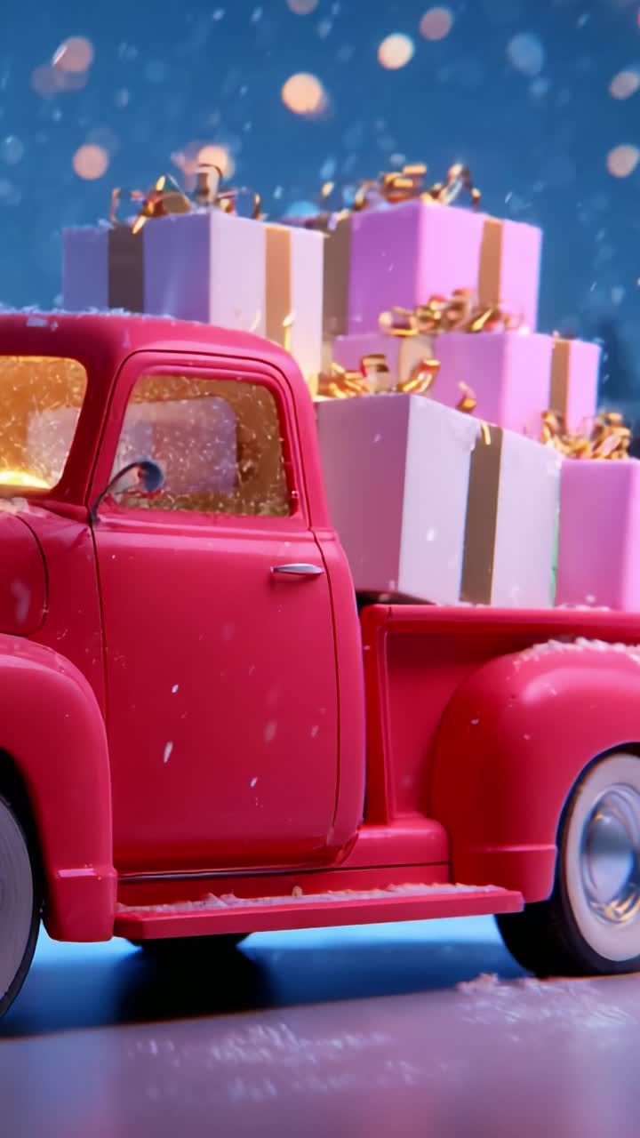 A vibrant vintage pink toy truck filled with colorful, beautifully wrapped gifts, set against a dreamy blue background, embodies the joy of holiday celebrations and the magic of giving and receiving