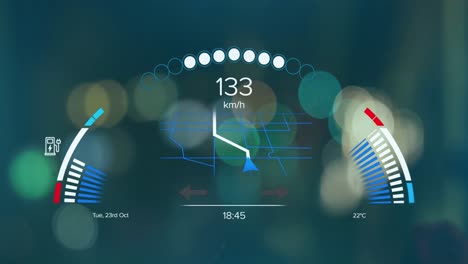 Animation-of-electric-car-speedometer-data-processing-over-city