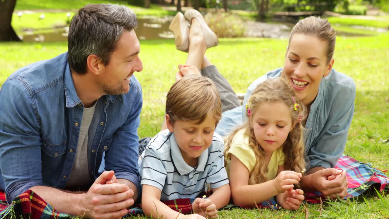 공원에서 담요 위에 누워 있는 귀여운 가족