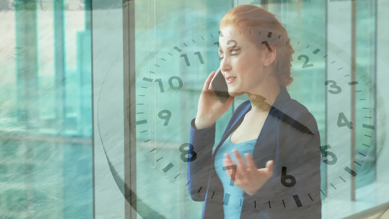 Businesswoman talking on phone with clock animation overlaying glass window