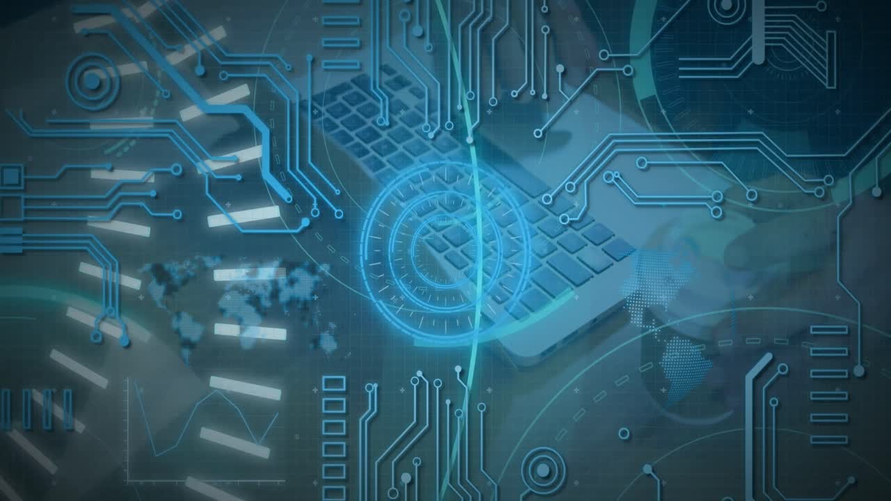 Animation of scope scanning with 5g text and data processing over hands typing on keyboard