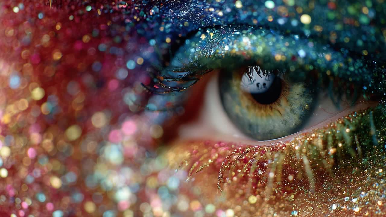 An Enchanting Close-Up of a Sparkling Eye Adorned with Vibrant Glitter and Multicolored Patterns that Captivates with its Depth and Radiance
