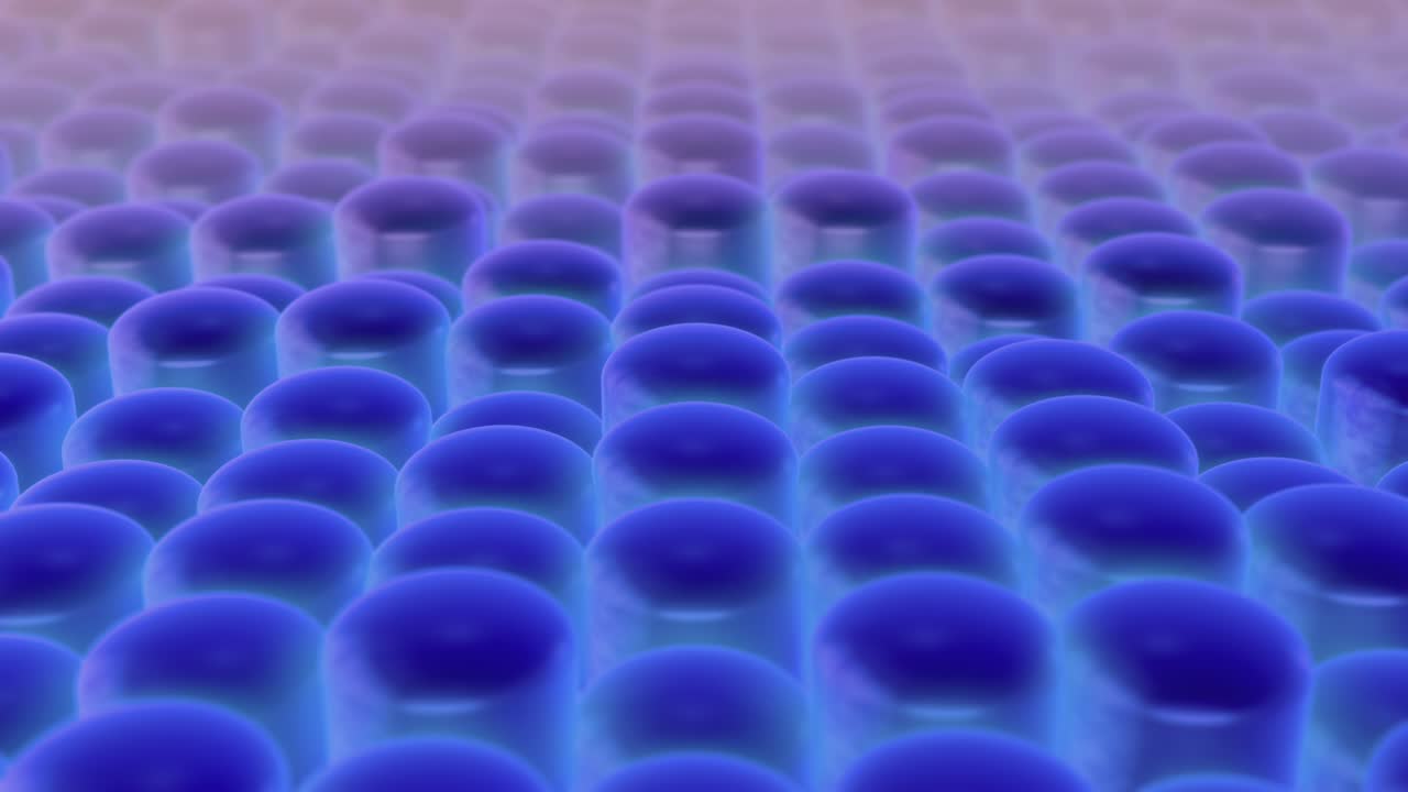 Abstract cylindrical cell pattern. Futuristic abstraction. Vivid purple neon tubes cylinders in perspective. Moving cells of body.