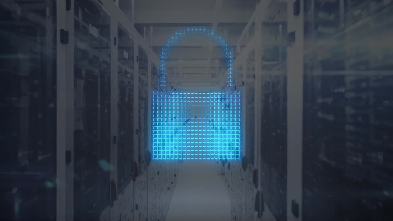 Animation of cloud, security padlock and shield icon against computer server room