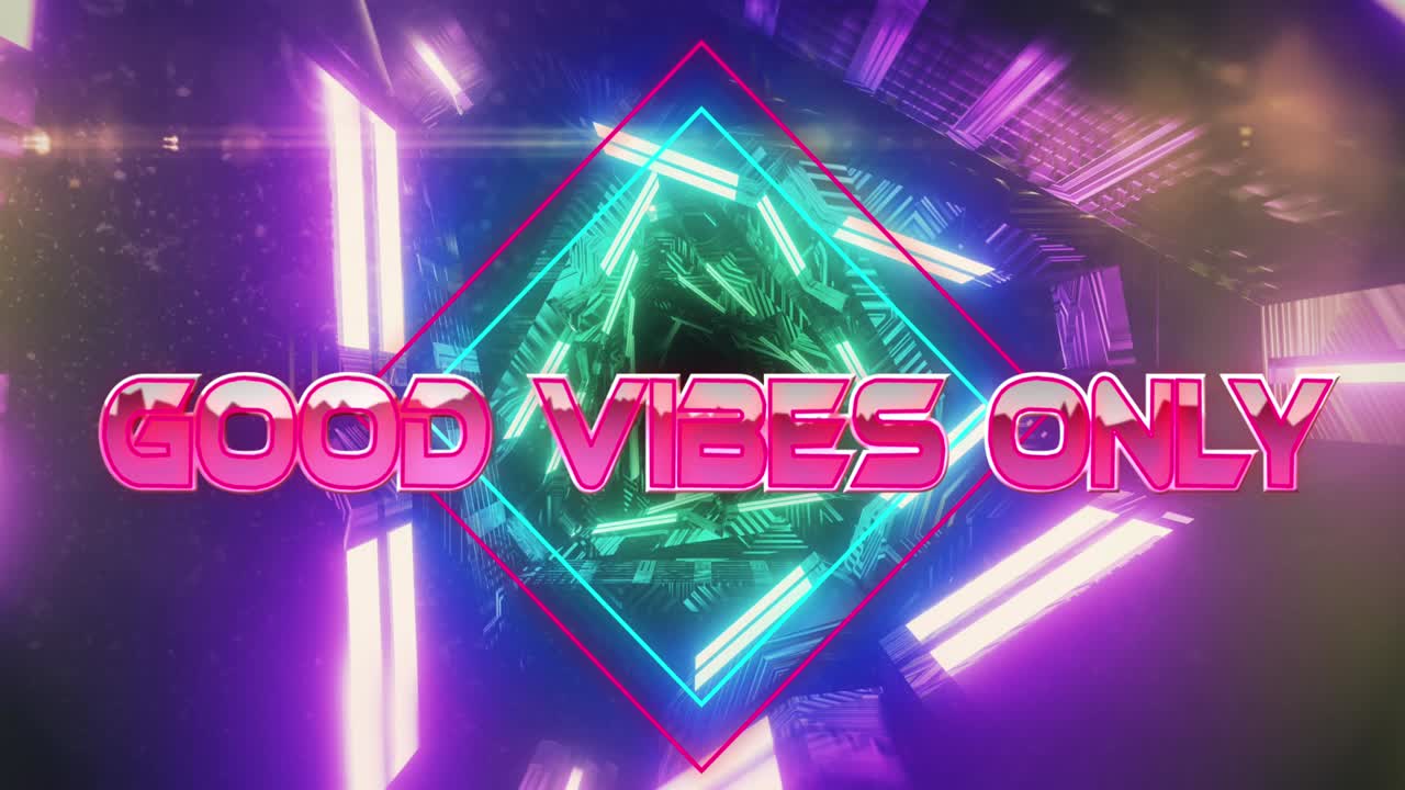 Animation von Text „Good Vibes Only“ über einem sich bewegenden digitalen Tunnel