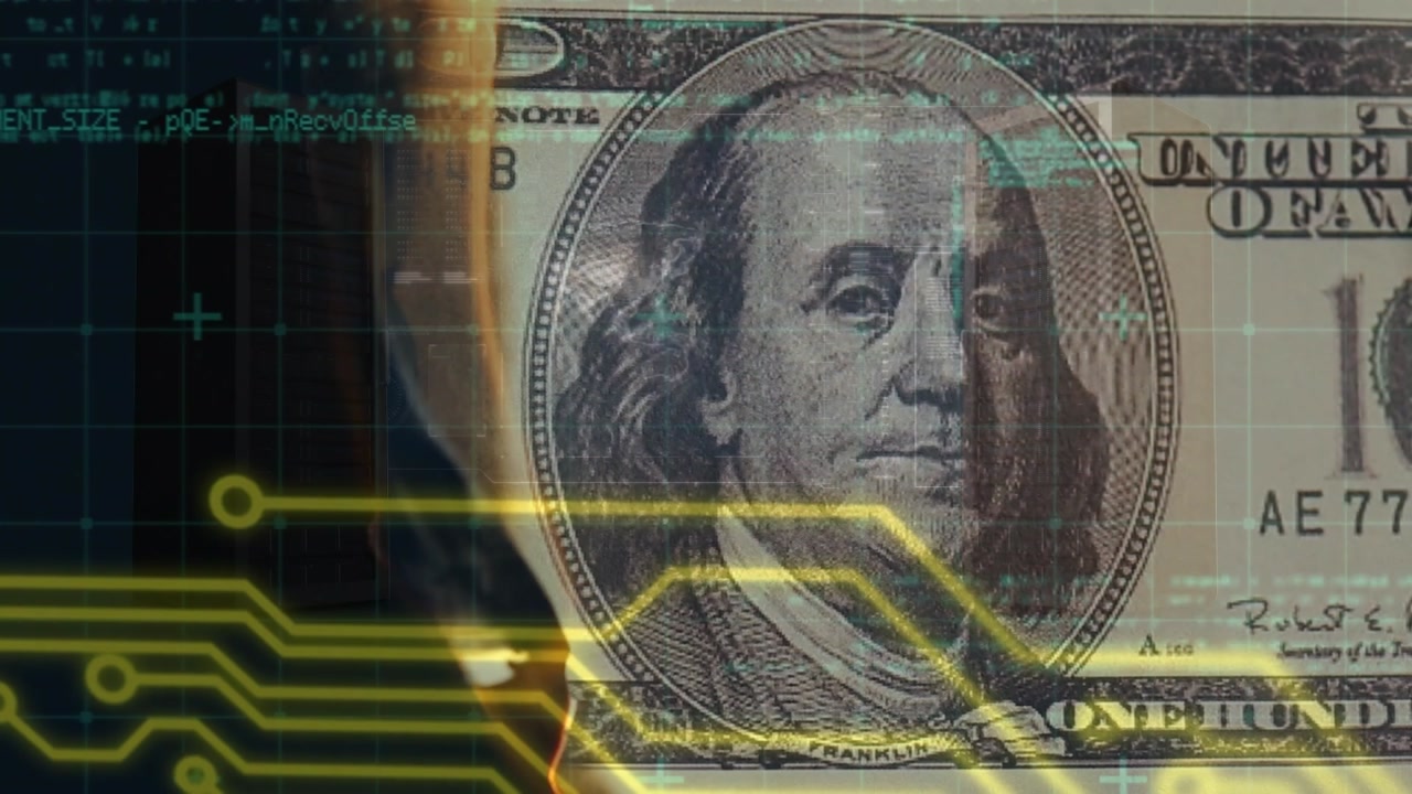 Animation of data processing over banknotes