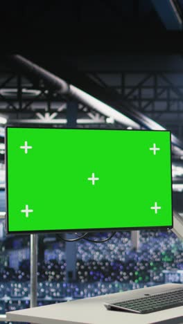 vertical video data center engineering team coding on green screen pc, monitoring ai systems