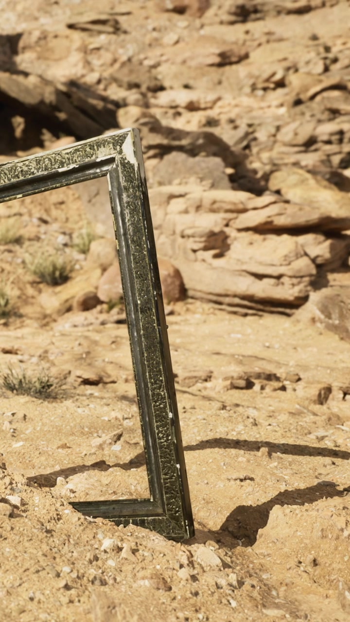 Installazione artistica creativa in un paesaggio desertico che mostra una cornice nella natura.