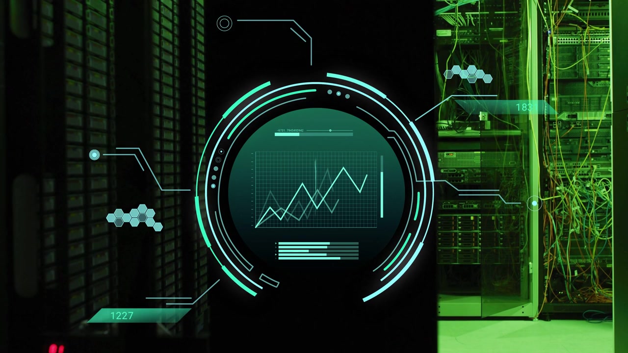Network activity starting center HUD animating over racks rings spinning map flipping showing data