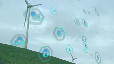 animation of digital icons over wind turbines