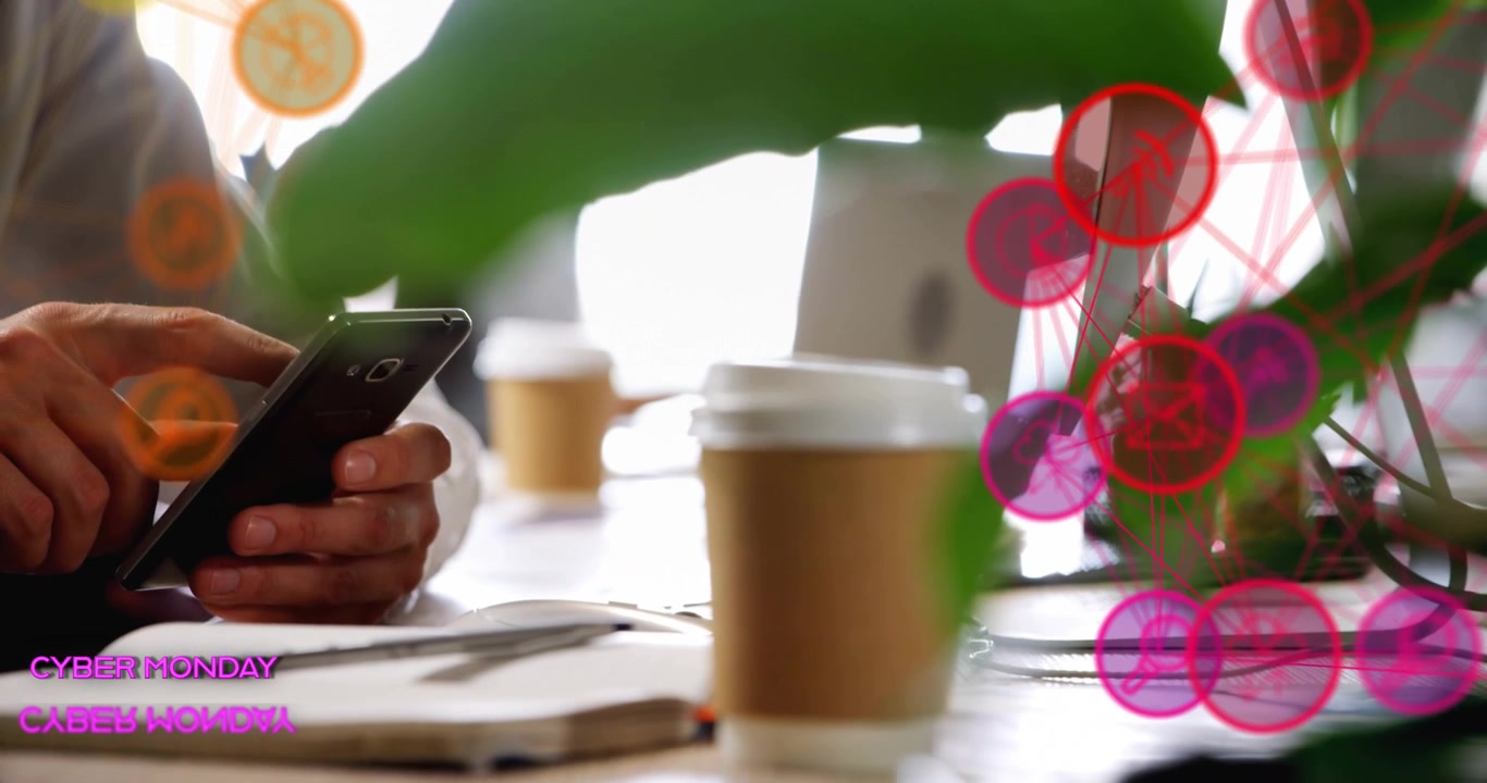 Uomo che tocca il telefono, una foglia che scivola via, toccando per lanciare una sovrapposizione del Cyber Monday per la vendita al dettaglio sul telefono