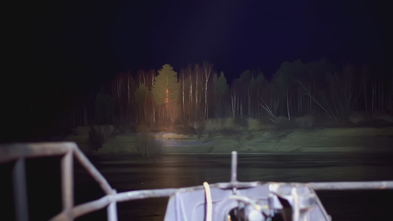 Scena fluviale notturna con foresta illuminata