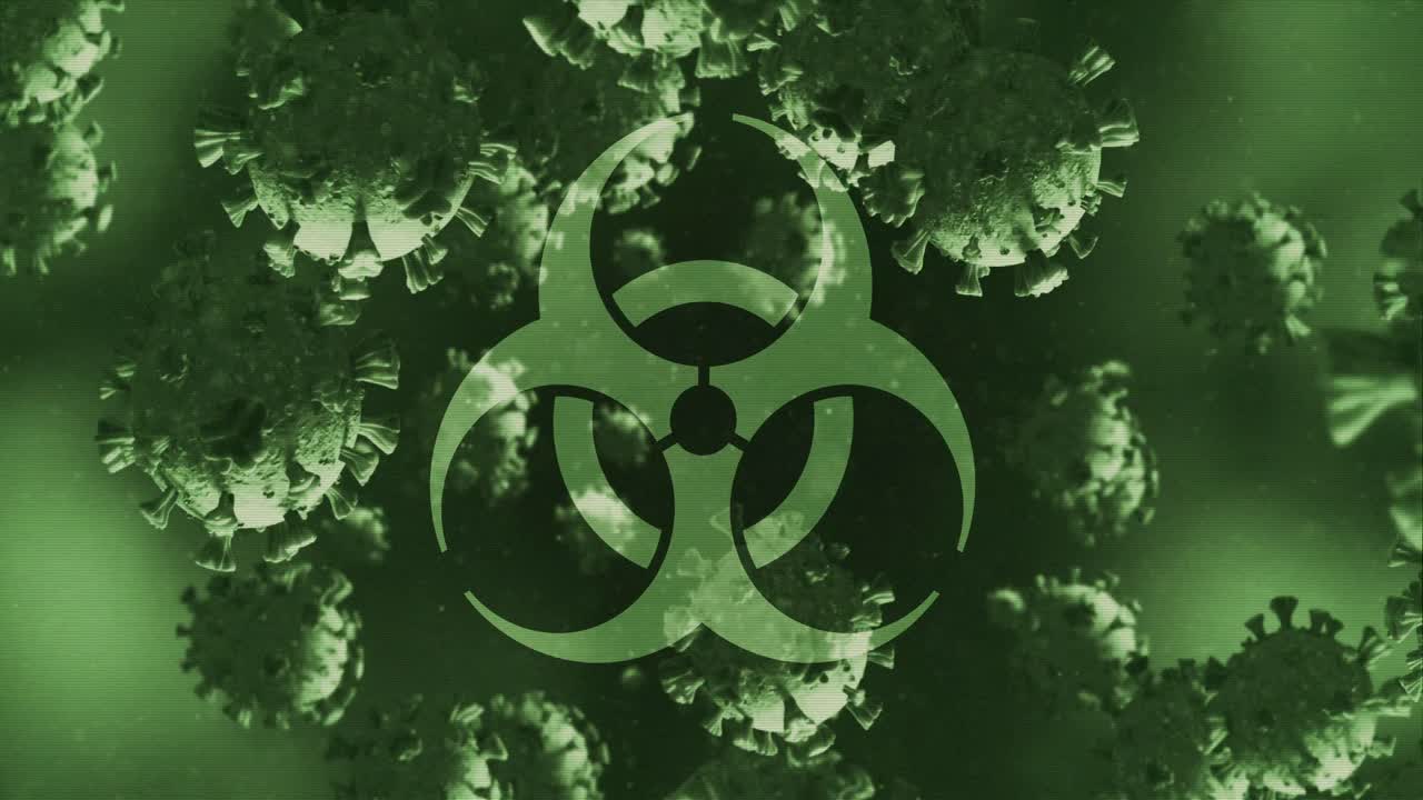 animación de un signo de peligro para la salud sobre células de coronavirus flotando en un líquido 4k
