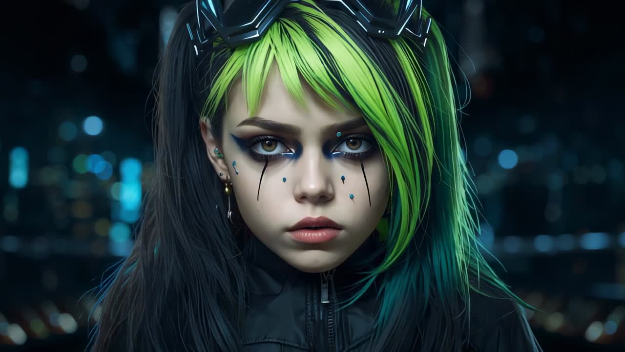 Camera zooming, neon-haired girl standing on bridge, revealing goggles and tear makeup for portrait