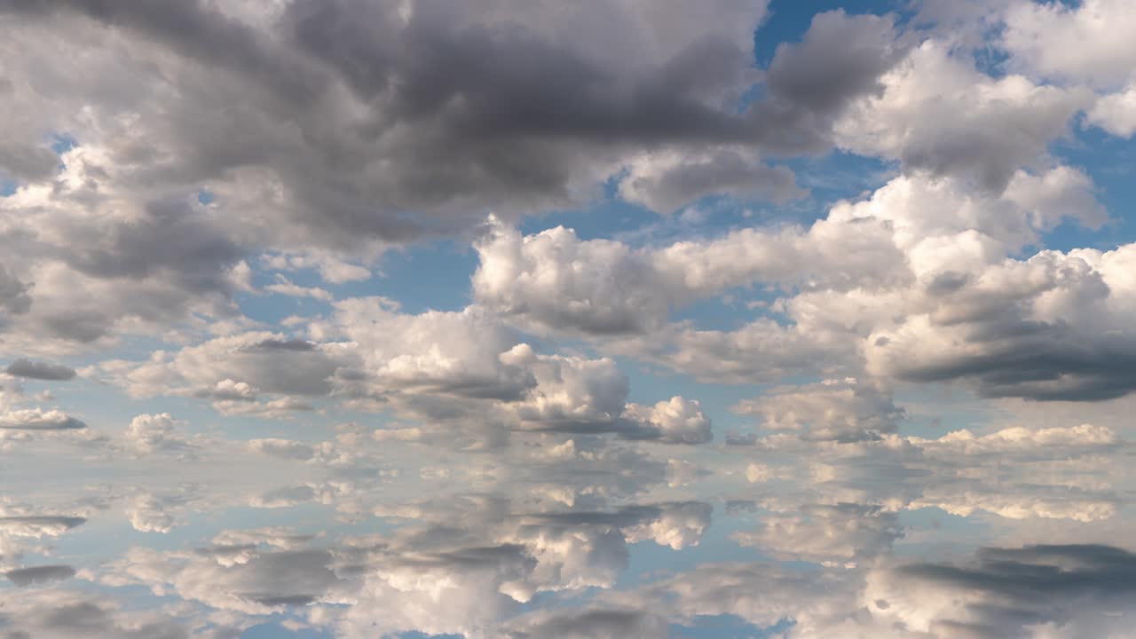 fondo futurista que consiste en un clip de lapso de tiempo de nubes blancas y esponjosas sobre el cielo azul y su reflejo, bucle de video