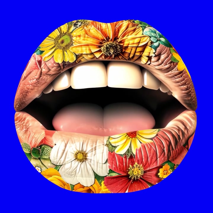 Labbra animate ricoperte di vivaci motivi floreali che si aprono e si chiudono