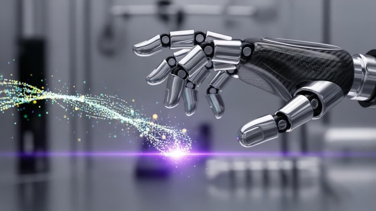 A Fascinating Evolution of Technology: A Robotic Hand Creating Magic with Light Particles in a Futuristic Laboratory Setting