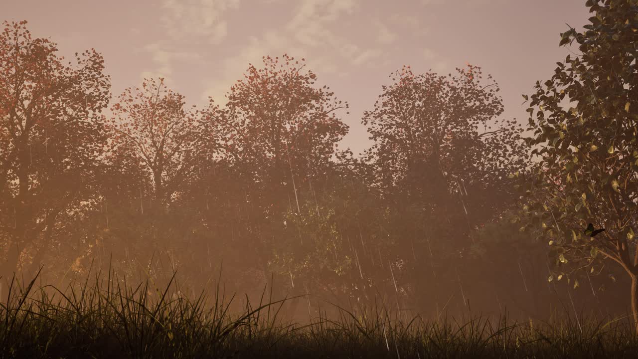 , 비가 내리고 나비가 날아가는 가을의 숲 3d 애니메이션 정적 카메라 낮은 시야