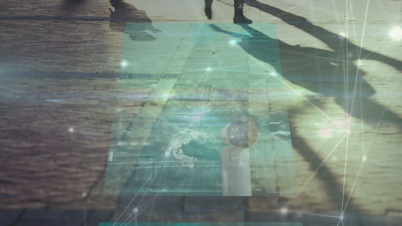 animación de la red de conexiones y procesamiento de datos sobre las personas que caminan por la calle