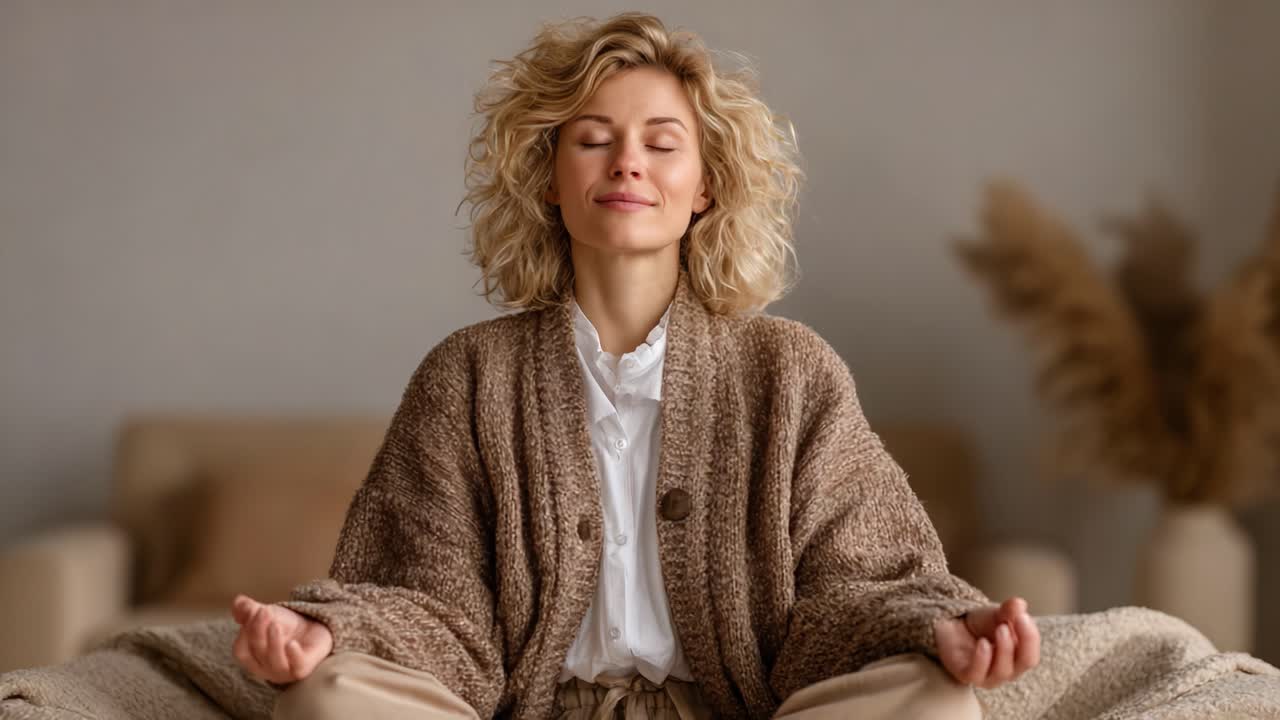 A Serene Moment of Mindfulness and Meditation: Embracing Inner Peace and Calmness with a Gentle Focus on Breath and Self-Reflection in a Cozy Setting
