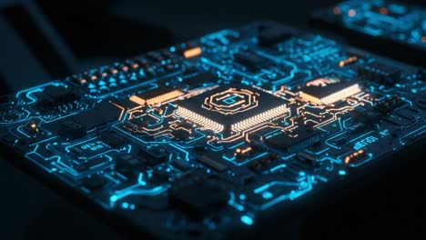 exploring the intricacies of a high-tech circuit board featuring illuminated pathways and innovative microchips in a darkened environment