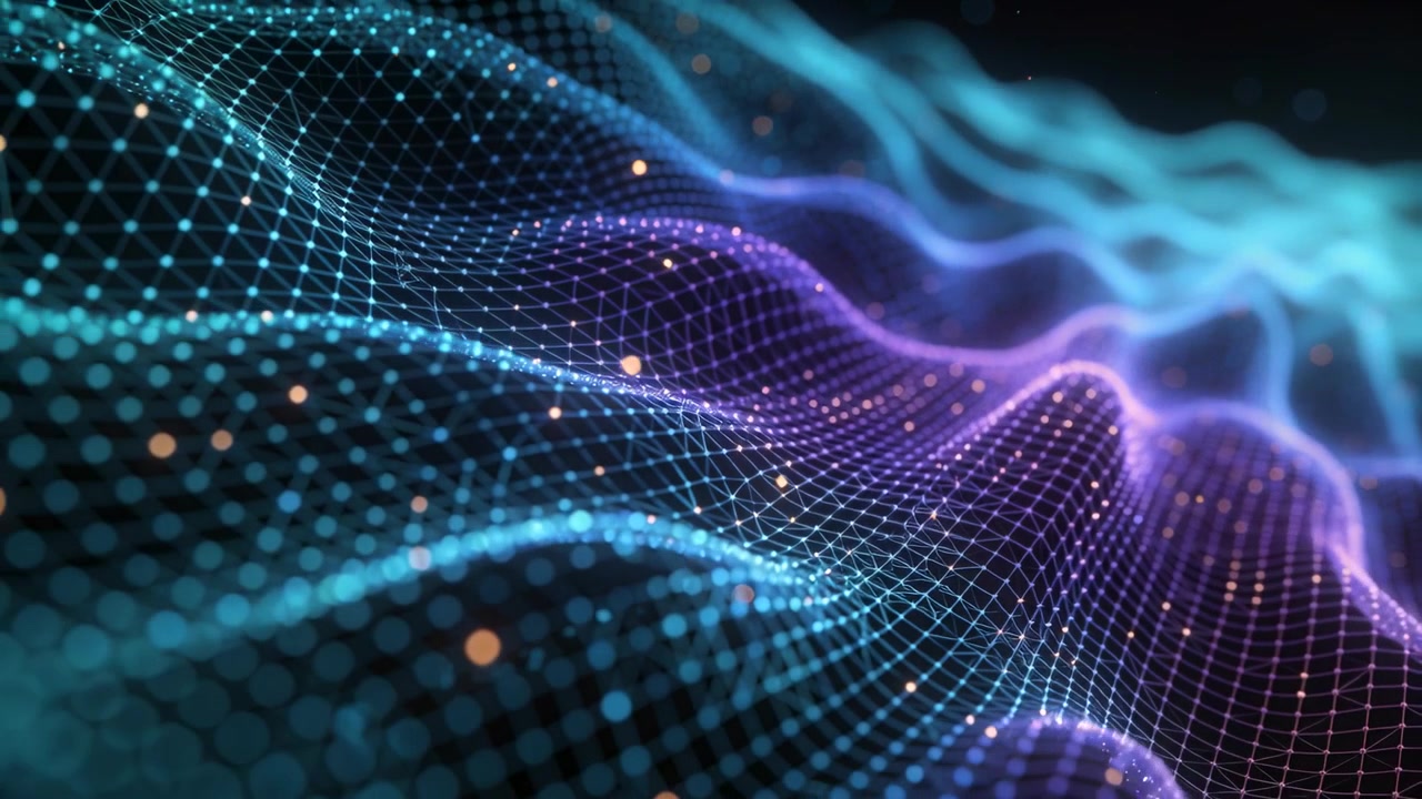 Starting mesh undulating, shifting across void, cyan-violet bands and gold flecks for display