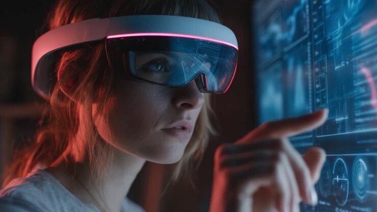 A Woman Engaged with Advanced Technology Using AR Glasses to Interact with Virtual Information on a Digital Screen, Exploring New Frontiers in Digital Interaction