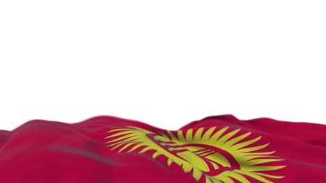 bandera de tela de kirguistán ondeando en el bucle del viento. bordado kirguís costurado estandarte de tela balanceándose en la brisa. fondo blanco medio lleno. lugar para el texto. bucle de 20 segundos.