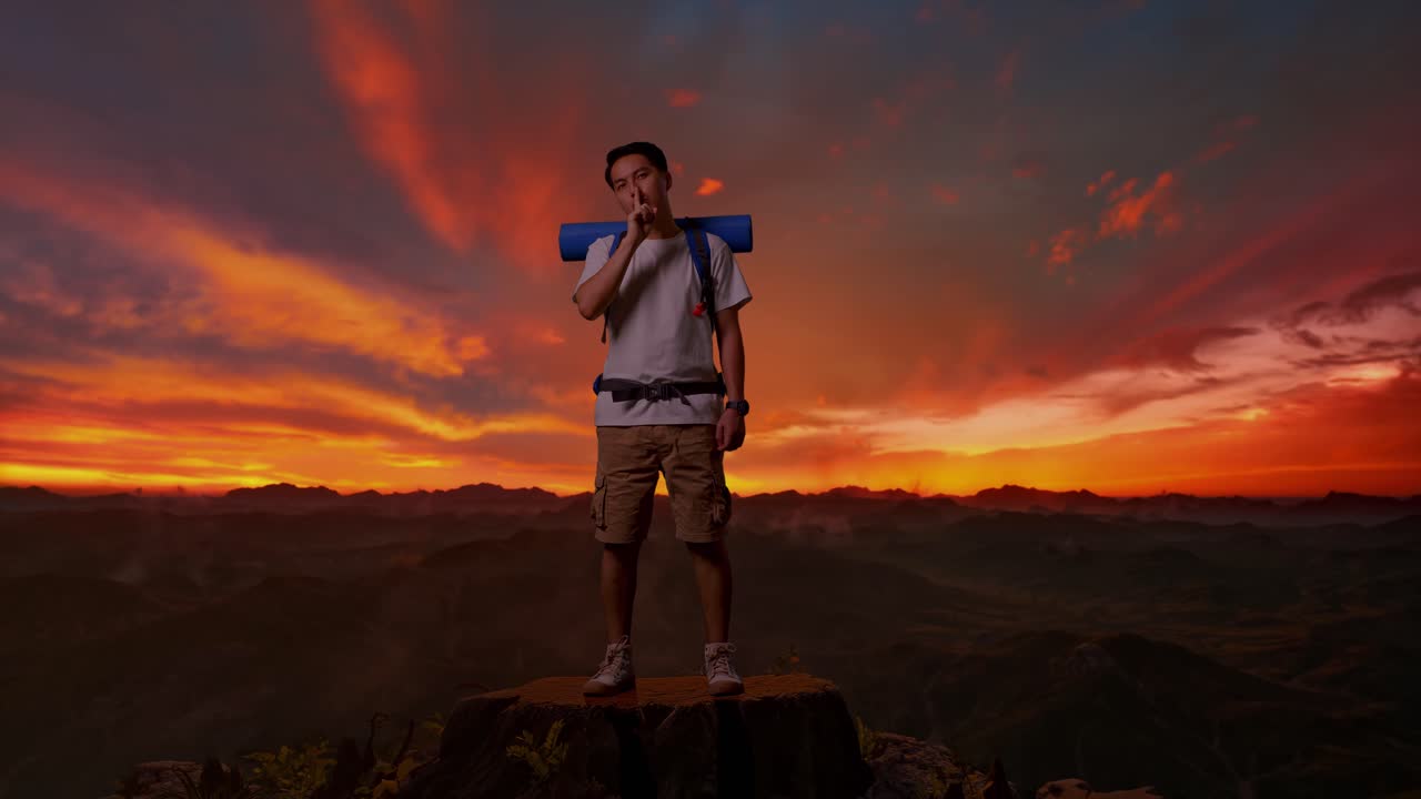 viajero silencioso en la cumbre de la montaña al atardecer