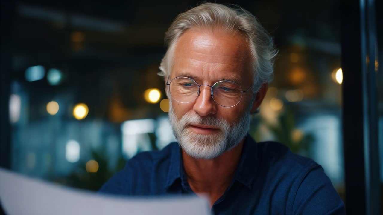 A thoughtful man reviewing important documents in a softly lit space, showcasing concentration, wisdom, and dedication to his work amidst a pleasant ambiance