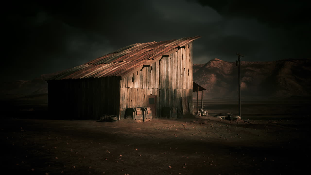 Abandoned barn in a desolate landscape under dark storm clouds at dusk