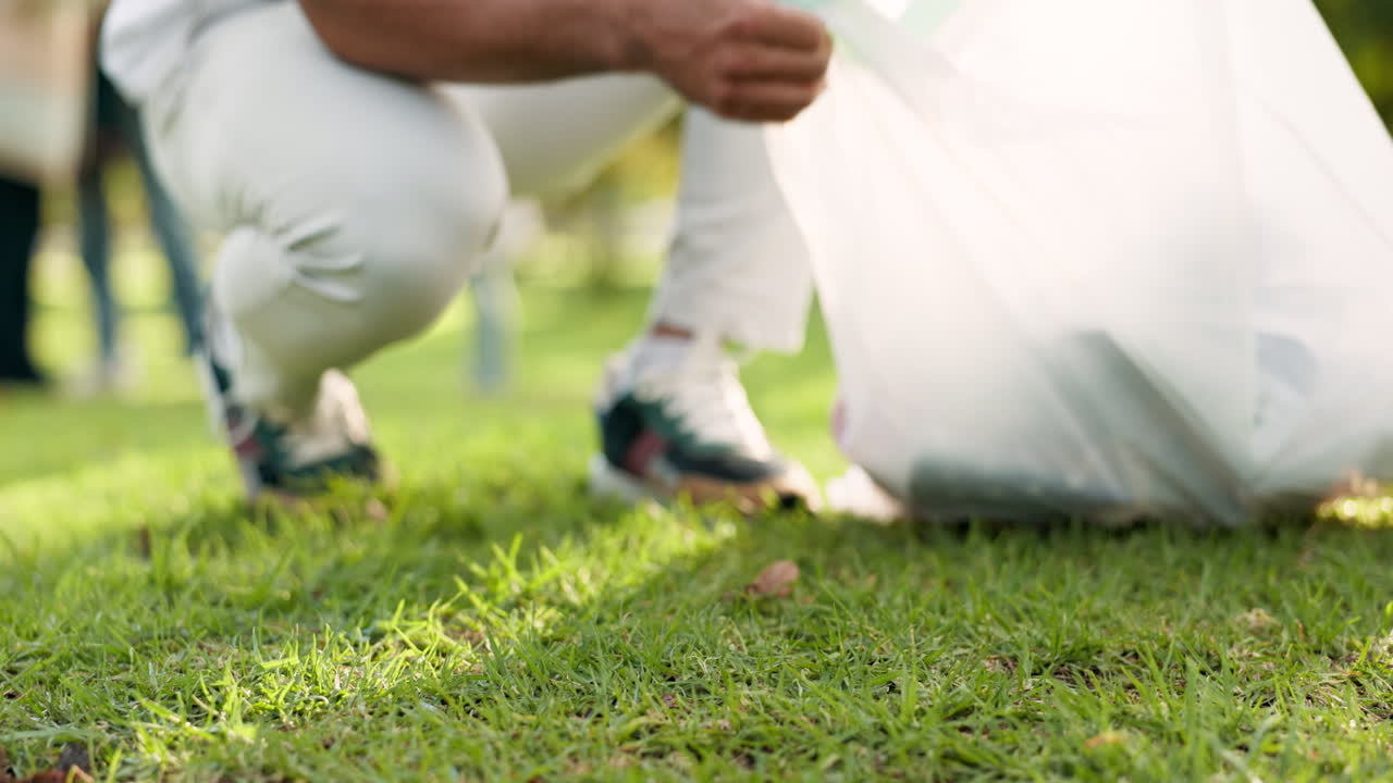 청소, 자원 봉사자 및 플라스틱과 함께 공원에서 사람