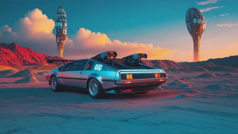 futuristic delorean in an alien desert landscape with sci-fi towers