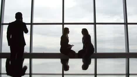 a business meeting between two women backlit by a large window