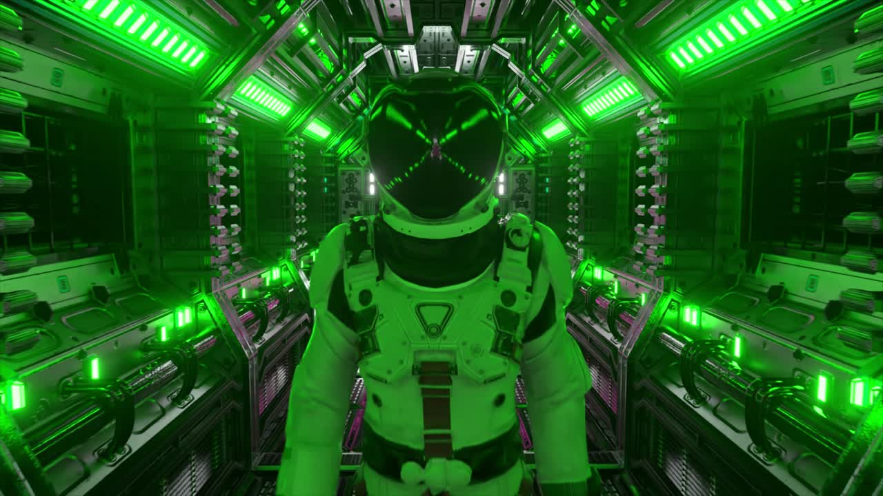 astronauta caminando en el túnel de la nave espacial, corredor del transbordador de ciencia ficción. tecnología abstracta futurista. tecnología y concepto futuro. luz parpadeante. animación 3d