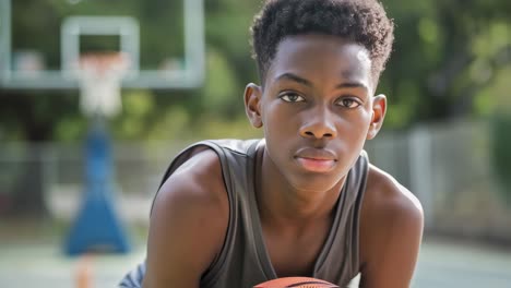 teenage basketball athlete bending down, retrieving basketball on outdoor urban court, displaying focused determination during practice session
