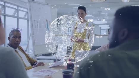 animation of data processing with globe over diverse business people at meeting in office
